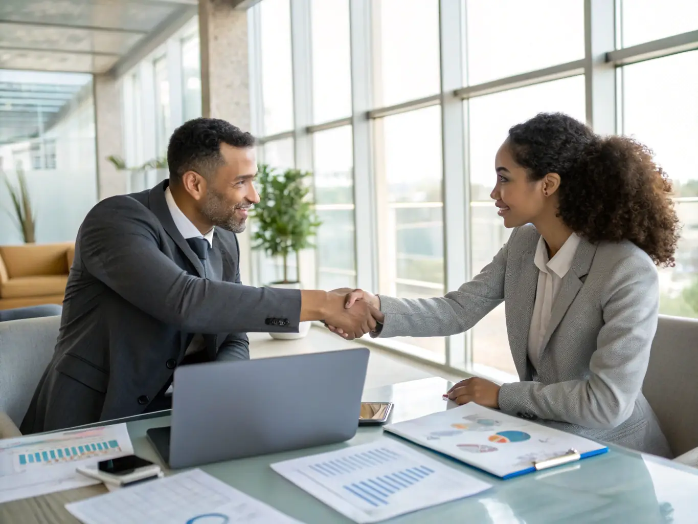 A consultant in formal attire handing over a completed project report to a satisfied client, symbolizing professionalism and prompt service delivery, for a financial consultancy website.
