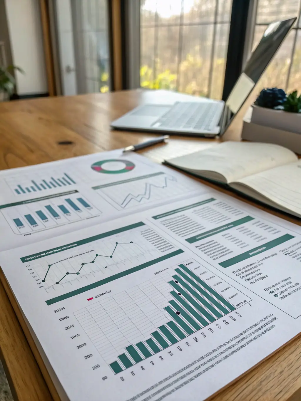 A business plan document open on a desk, with a pen, calculator, and coffee cup, highlighting structured planning and strategic thinking.