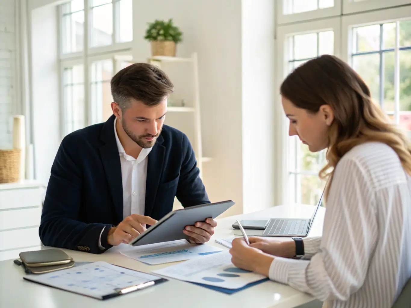 A confident business owner sitting with a Chartered Accountant, reviewing a detailed project report with charts and financial statements, in a bright, modern office setting.