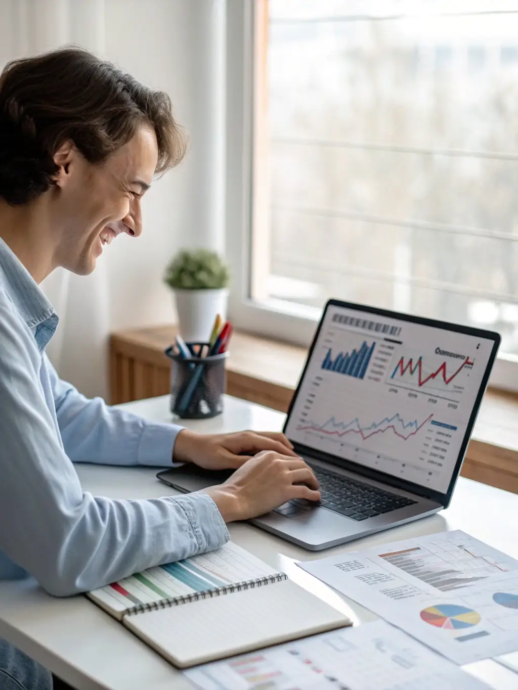A professional consultant in formal attire working on a laptop, with financial documents and charts visible, representing expert preparation of Mudra Loan Project Reports for small businesses.