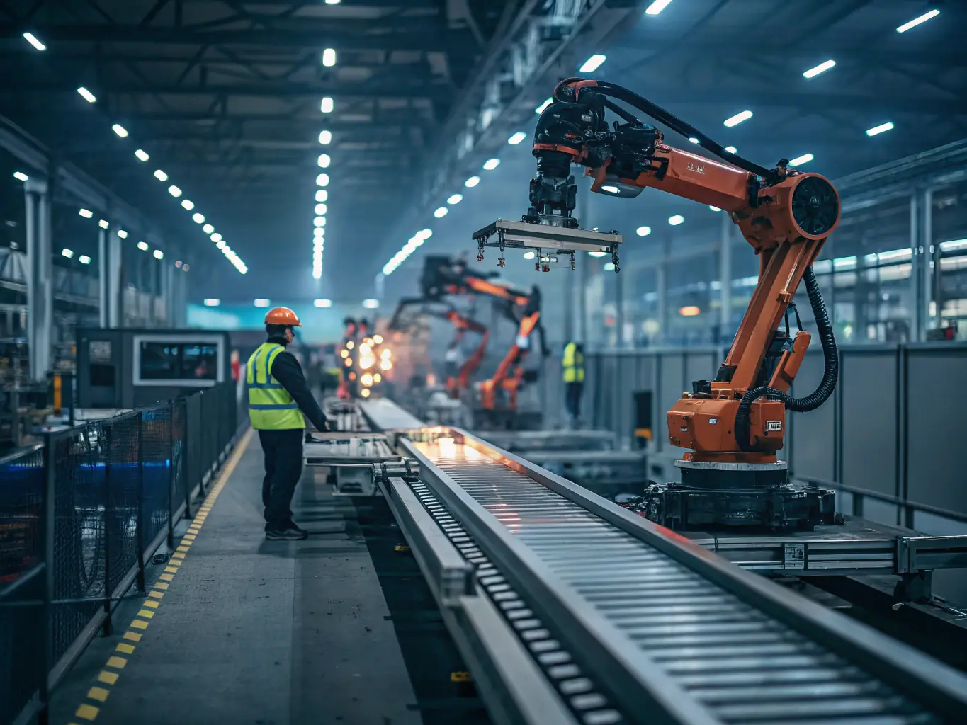 A modern factory floor in Gujarat with workers operating machinery, showcasing advanced manufacturing processes and industrial equipment, used to represent the manufacturing sector supported by Project Report Bank.