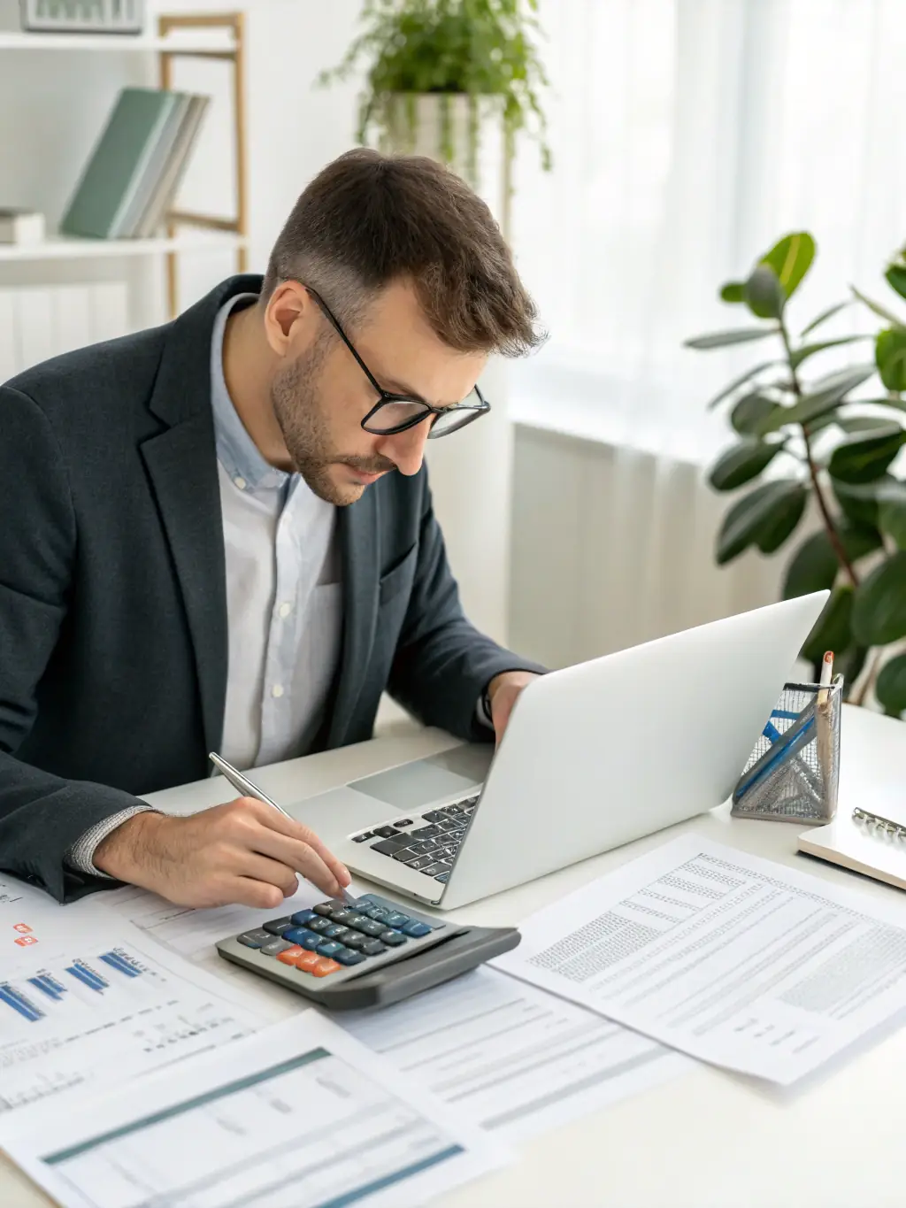 A professional office setting with a Chartered Accountant reviewing a detailed project report document, calculator and laptop on the desk, conveying accuracy and expertise for business clients.