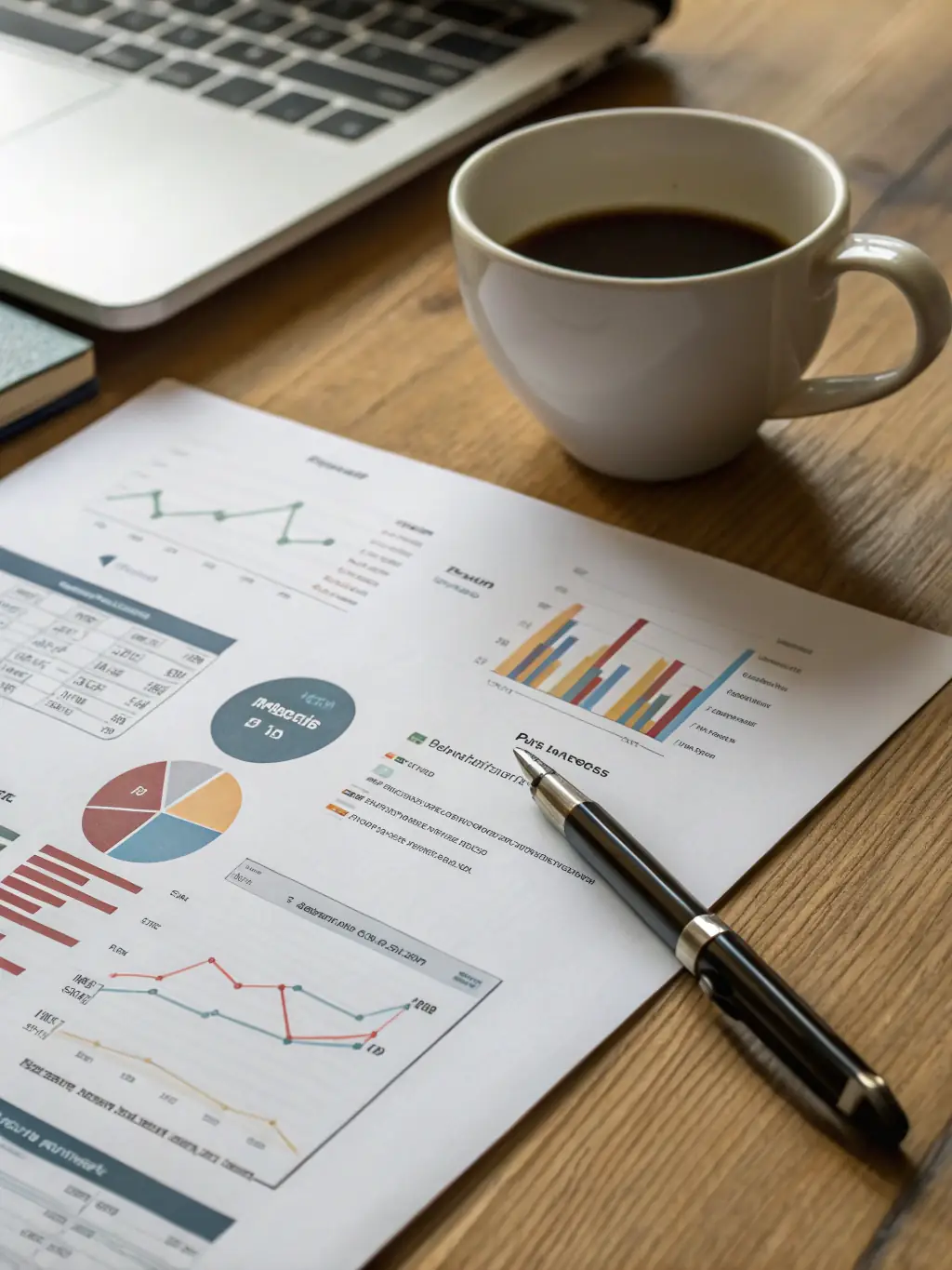 A close-up image of a detailed, well-organized project report with charts, tables, and financial statements, placed on a clean white desk with a pen and calculator.
