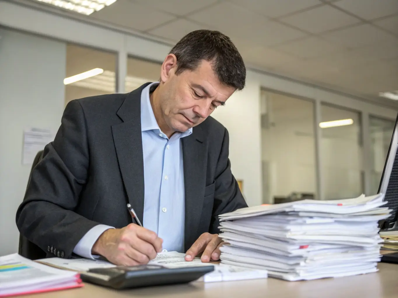 A professional office setting with CA Manish Gugliya reviewing financial documents, exuding confidence and expertise, suitable for a consultant’s website emphasizing trust and authority.