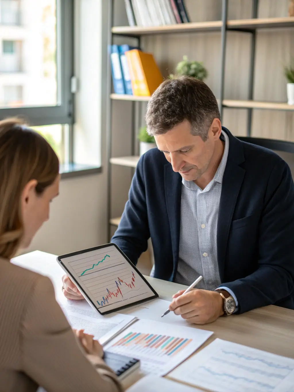 A consultant presenting a financial forecast graph to a small business owner, with projected growth charts and numbers displayed on a screen.