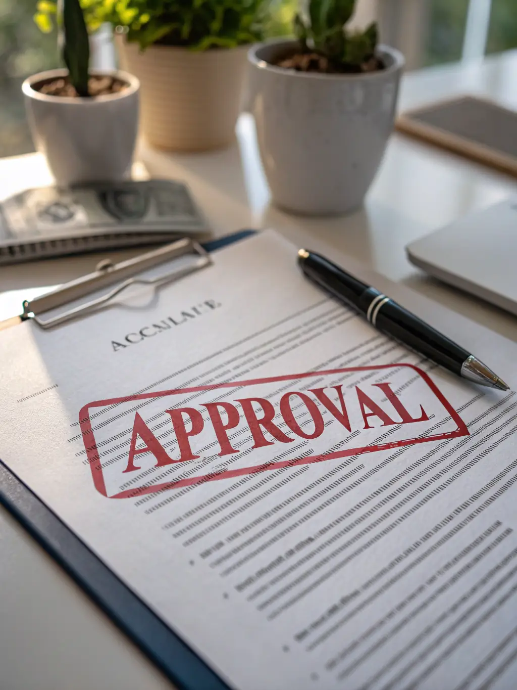 A close-up of a stamped loan approval document, calculator, and pen on a desk, symbolizing increased chances of loan approval through expert documentation.