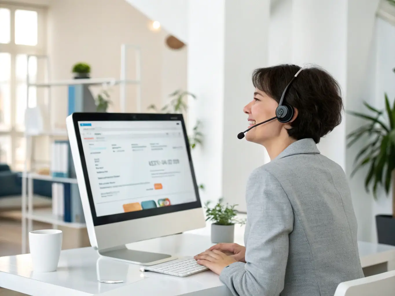 A friendly support representative assisting a client via laptop, with visible charts and documents, representing dedicated customer support and affordability for a financial consultancy website.