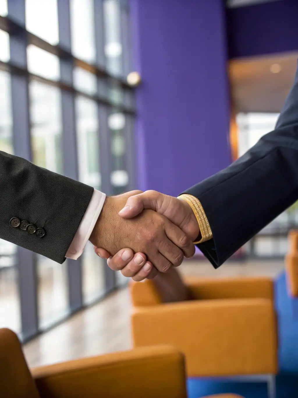 A handshake between a business owner and a consultant, with a backdrop of framed certificates and client testimonials, symbolizing trust and proven experience since 2006.