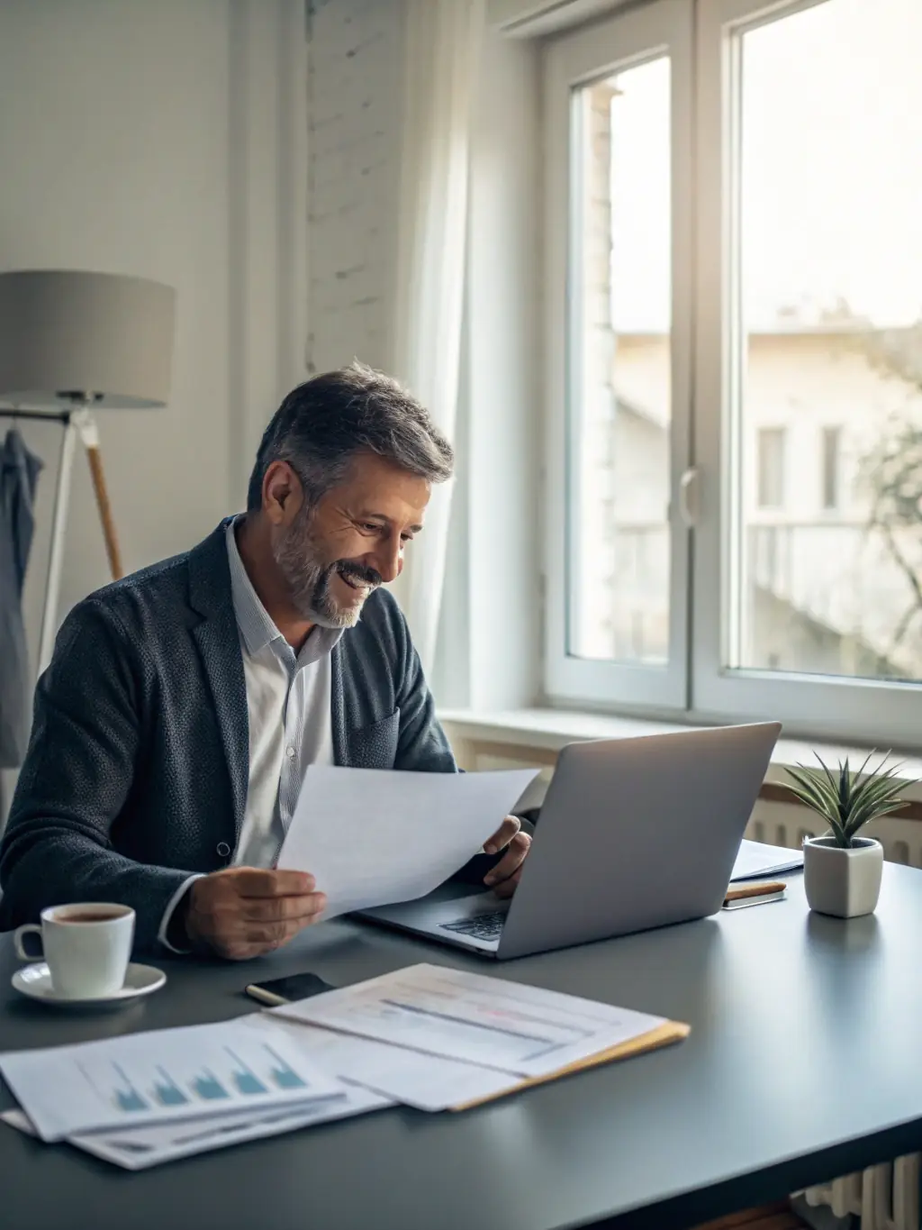 A business owner smiling while reviewing a completed project report on a tablet, with a clock in the background, illustrating time-saving benefits.