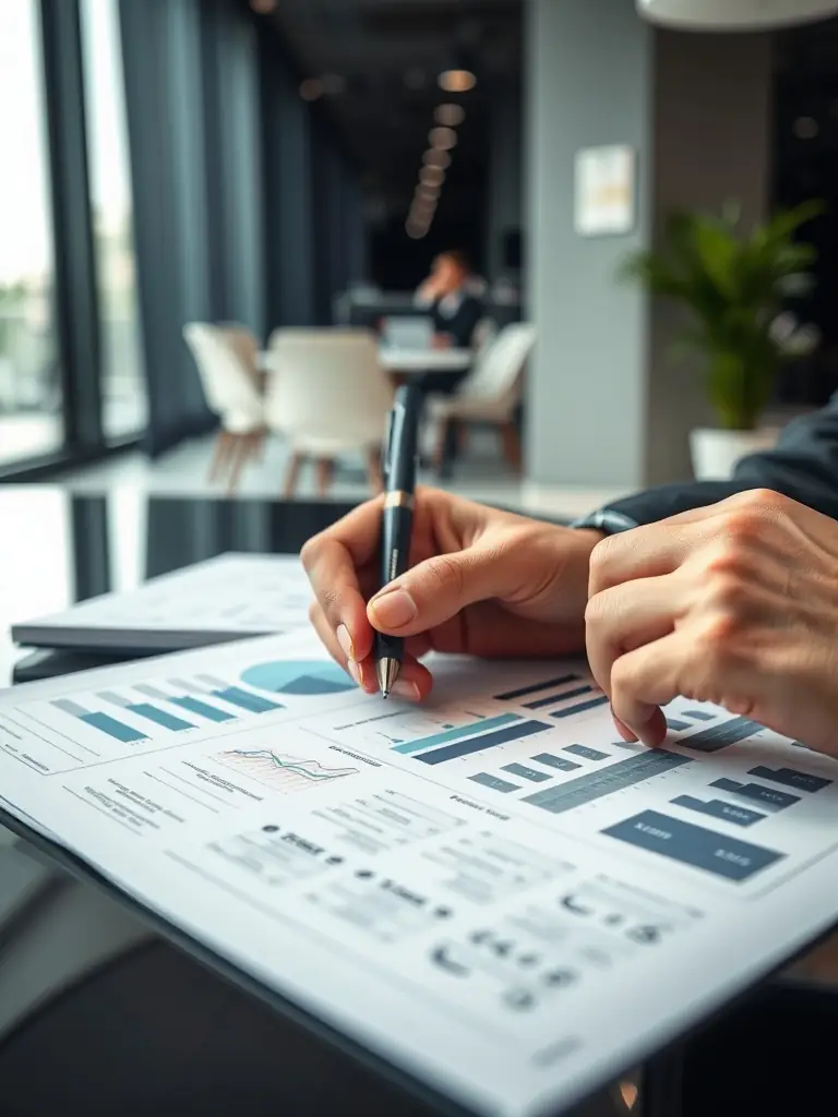 A close-up of financial statements and spreadsheets being analyzed by an expert, with charts and graphs visible, representing careful CMA data compilation for loan applications.