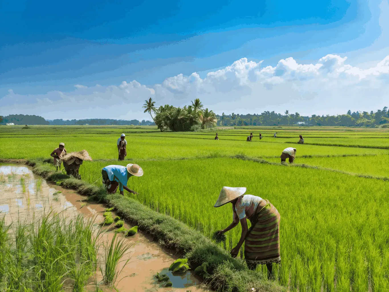A lush green agricultural field in Gujarat with farmers tending crops, tractors in operation, and a clear sky, representing the agriculture sector’s importance for the website.
