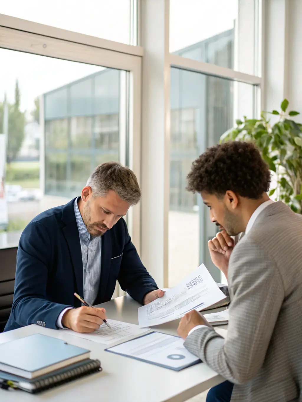 A consultant advising a small business owner across a desk, with financial graphs and a checklist, representing personalized expert guidance.