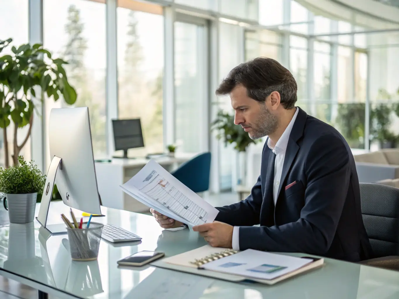 A professional image showing a Chartered Accountant reviewing a detailed project report with financial charts and graphs, set in a modern office environment, representing expert report preparation services.