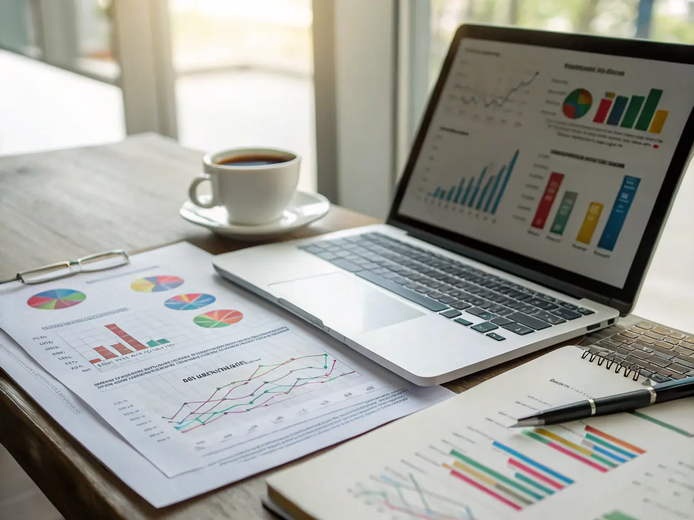 A close-up of a professionally bound project report with financial graphs, checklists, and approval stamps, placed on a clean desk with a laptop and pen.