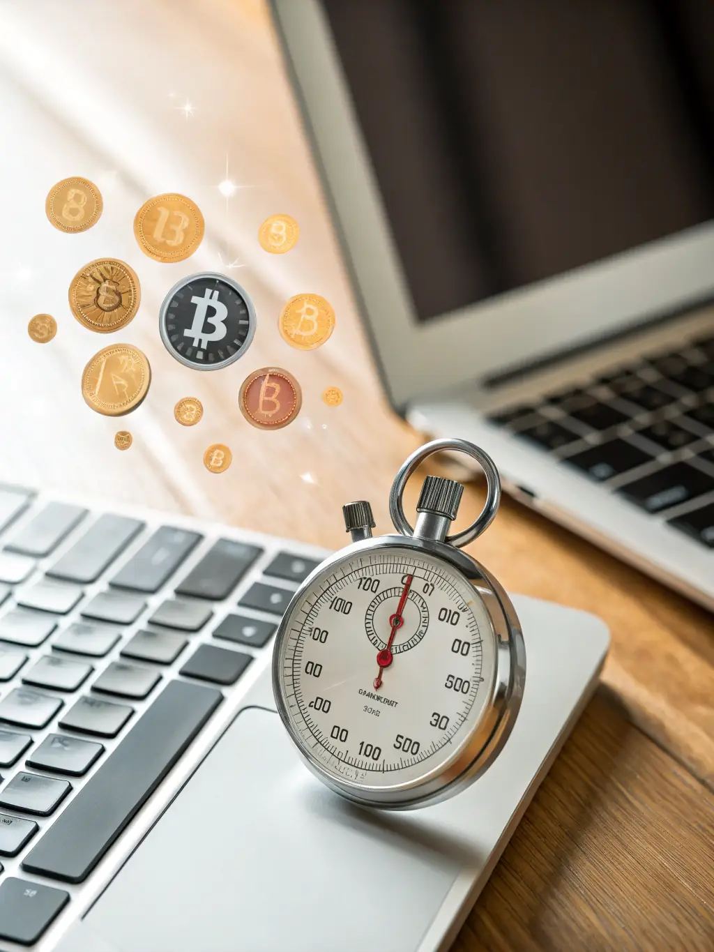 A stopwatch and a stack of completed project reports on a clean workspace, illustrating quick turnaround and efficient service delivery for business clients.