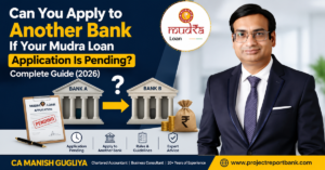 Illustration explaining whether you can apply to another bank while your Mudra Loan application is pending, featuring CA Manish Gugliya with expert guidance for MSME entrepreneurs in India (2026).