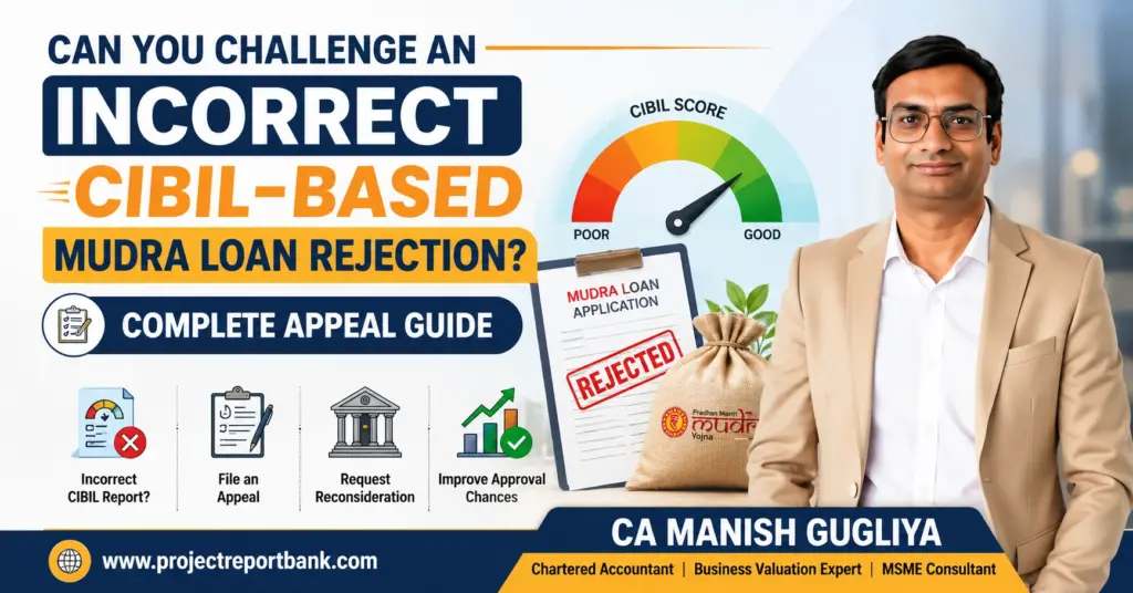 Feature image for 'Can You Challenge an Incorrect CIBIL-Based Mudra Loan Rejection? Complete Appeal Guide' featuring CA Manish Gugliya, a CIBIL score gauge, rejected Mudra loan application, appeal process icons, and ProjectReportBank.com branding.