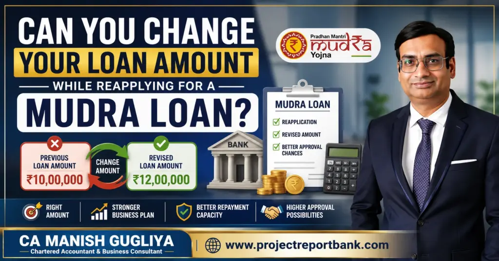 Feature image for 'Can You Change Your Loan Amount While Reapplying for a Mudra Loan?' showing CA Manish Gugliya, Mudra Loan branding, previous vs revised loan amount comparison, bank approval checklist, and www.projectreportbank.com