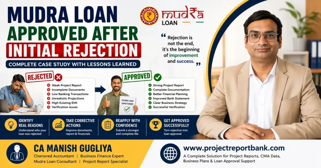 Mudra Loan approved after initial rejection case study featuring CA Manish Gugliya explaining how better project reports, complete documentation, and corrective actions helped secure Mudra Loan approval.
