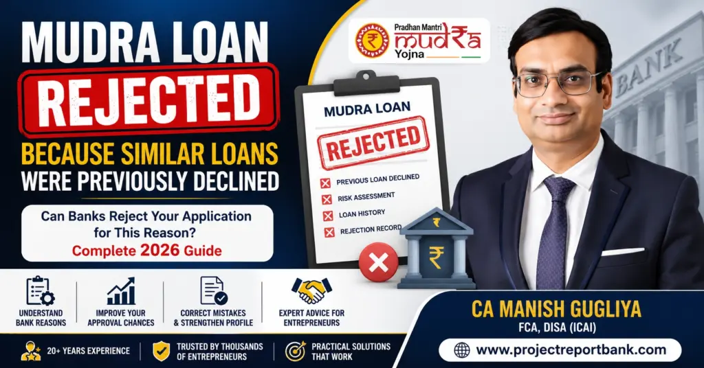 Mudra Loan rejected because similar loans were previously declined explained by CA Manish Gugliya with reasons, bank risk assessment, previous loan history, and approval tips for entrepreneurs in 2026.