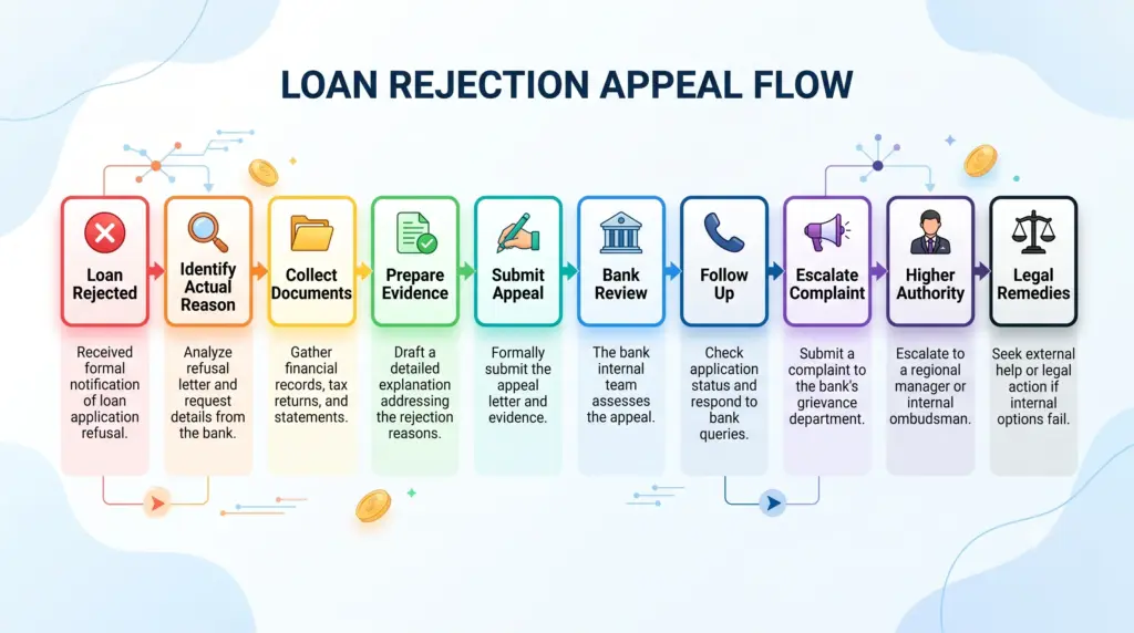 A horizontal flowchart diagram detailing a 10-step loan rejection appeal process. The sequential steps move left to right: Loan Rejected, Identify Actual Reason, Collect Documents, Prepare Evidence, Submit Appeal, Bank Review, Follow Up, Escalate Complaint, Higher Authority, and Legal Remedies. Each step features a distinct colored card with a icon and brief explanation.