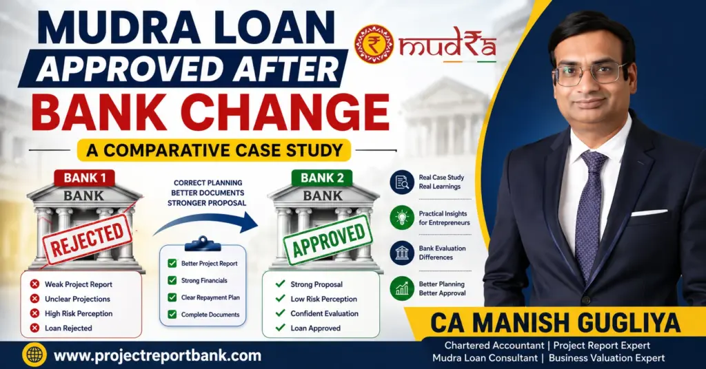 Mudra Loan Approved After Bank Change comparative case study featuring CA Manish Gugliya explaining how improving a project report, documentation, and financial planning helped secure Mudra Loan approval after switching banks.