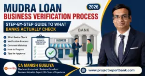 Mudra Loan Business Verification Process feature image showing CA Manish Gugliya explaining the step-by-step bank business verification process, site inspection, and what banks actually check before approving a Mudra Loan.
