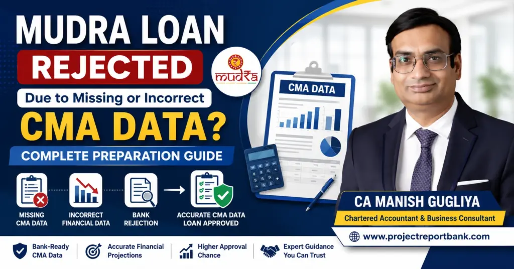 Mudra Loan rejected due to missing or incorrect CMA data guide featuring CA Manish Gugliya explaining bank-ready CMA preparation, financial projections, and project report requirements for successful Mudra loan approval.