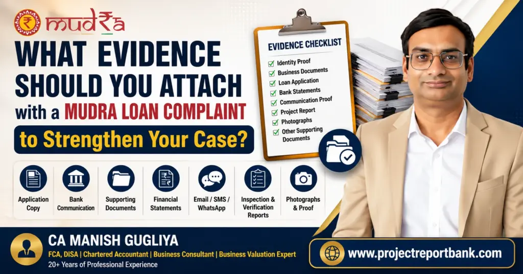 Feature image showing CA Manish Gugliya with an evidence checklist for a Mudra Loan complaint, highlighting the documents and proof required to strengthen a bank grievance, along with ProjectReportBank.com branding.