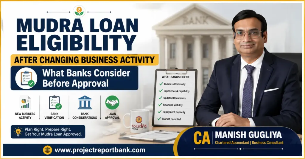 Mudra Loan Eligibility After Changing Business Activity feature image showing CA Manish Gugliya explaining what banks consider before approving a Mudra Loan after a business activity change, with www.projectreportbank.com branding.