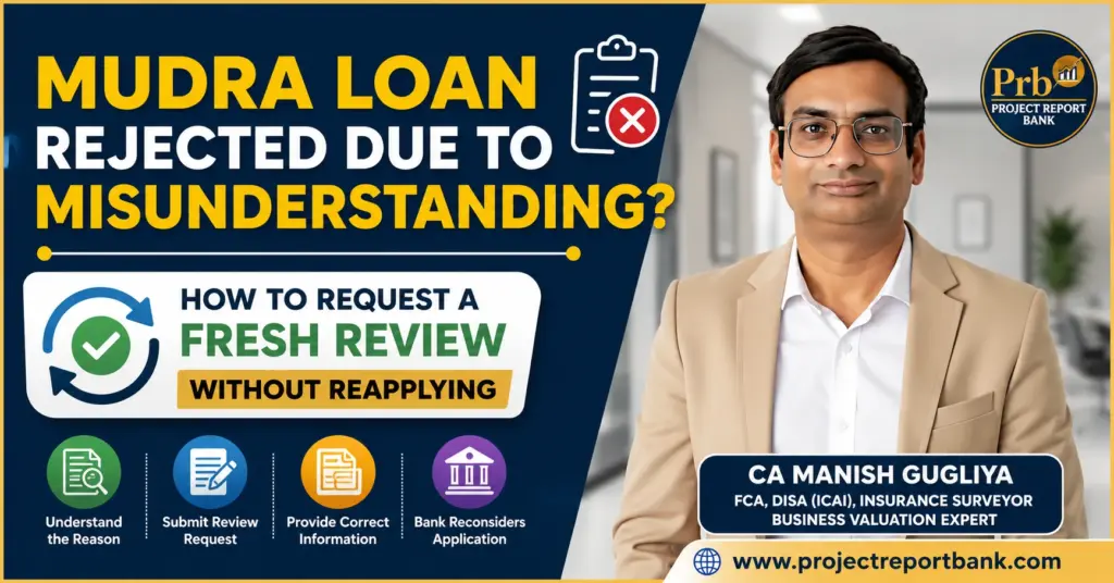 Mudra Loan rejected due to misunderstanding guide featuring CA Manish Gugliya explaining how to request a fresh review without reapplying, with Project Report Bank branding.