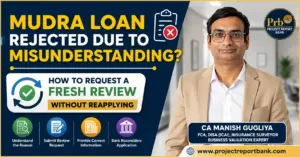 Mudra Loan rejected due to misunderstanding guide featuring CA Manish Gugliya explaining how to request a fresh review without reapplying, with Project Report Bank branding.