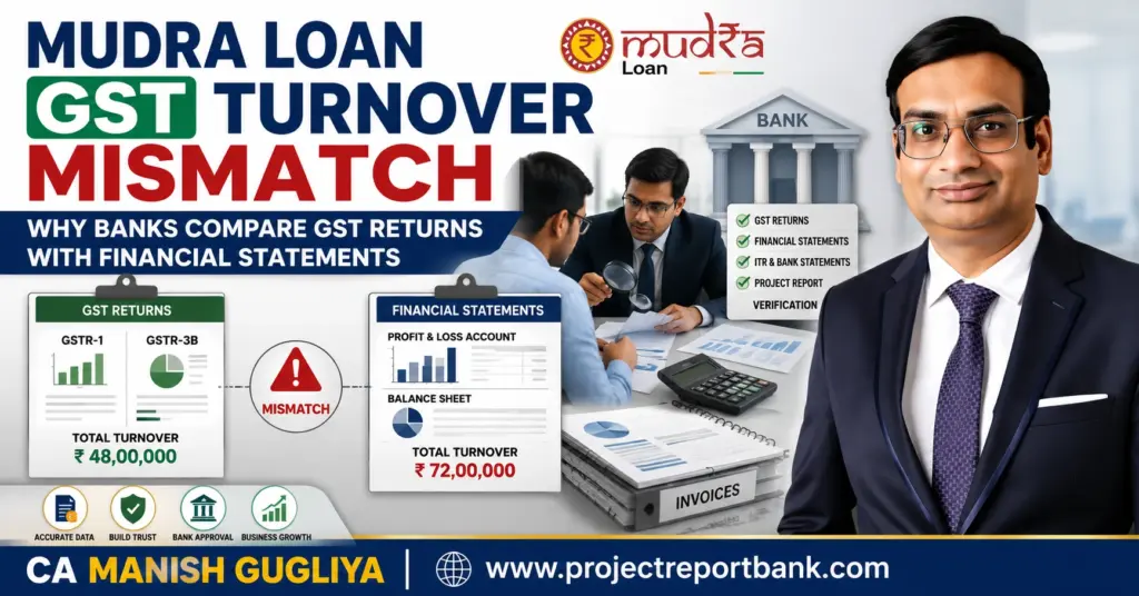 Mudra Loan GST Turnover Mismatch feature image showing CA Manish Gugliya explaining why banks compare GST returns, financial statements, ITR, and project reports before approving a Mudra Loan application.