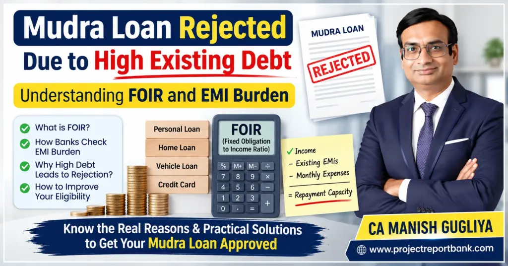 CA Manish Gugliya explaining why Mudra Loan applications are rejected due to high existing debt, FOIR (Fixed Obligation to Income Ratio), and EMI burden, with practical tips to improve loan approval chances.
