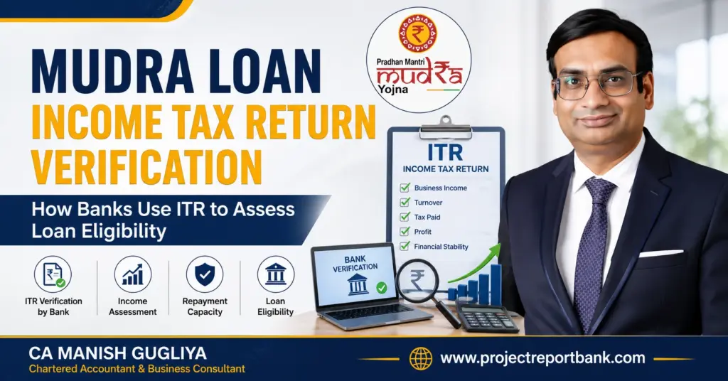 Mudra Loan Income Tax Return Verification feature image showing CA Manish Gugliya explaining how banks verify ITR, business income, turnover, profit, and loan eligibility for Mudra Loan applicants.