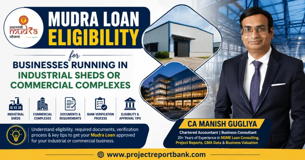 Mudra Loan Eligibility for Businesses Running in Industrial Sheds or Commercial Complexes featuring CA Manish Gugliya with industrial shed, commercial complex, bank verification process, business premises eligibility, and ProjectReportBank.com guidance for MSME entrepreneurs.