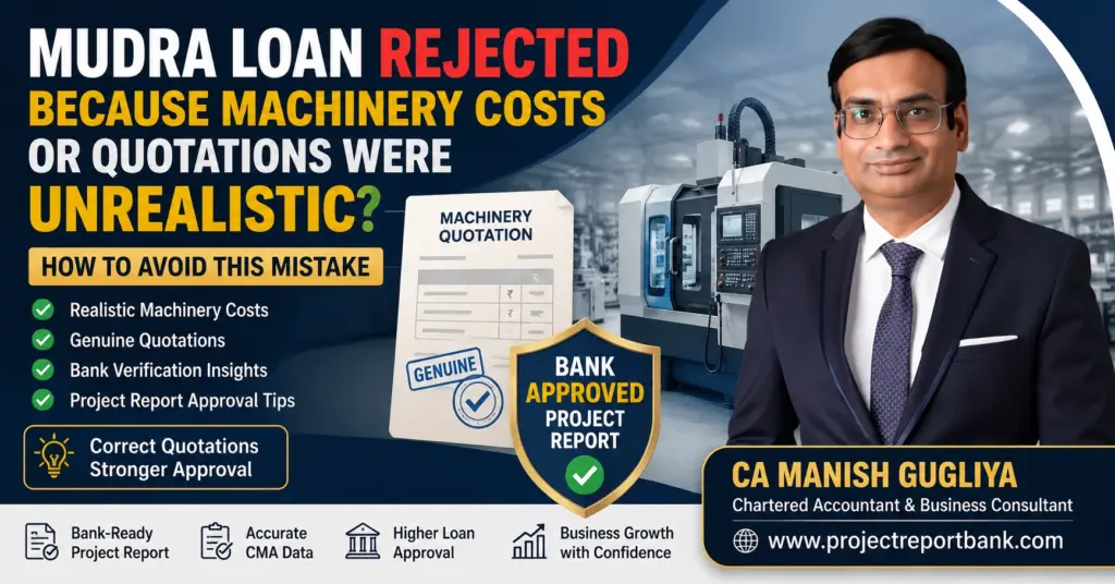 Mudra Loan rejected due to unrealistic machinery costs or quotations, featuring CA Manish Gugliya with a machinery quotation, industrial machine, and bank-approved project report, explaining how to avoid Mudra loan rejection through accurate machinery costing and genuine supplier quotations.