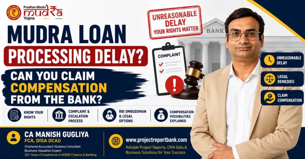 CA Manish Gugliya explaining whether you can claim compensation for unreasonable Mudra Loan processing delays, featuring legal remedies, RBI Ombudsman complaint process, and banking rights for delayed Mudra Loan applications.