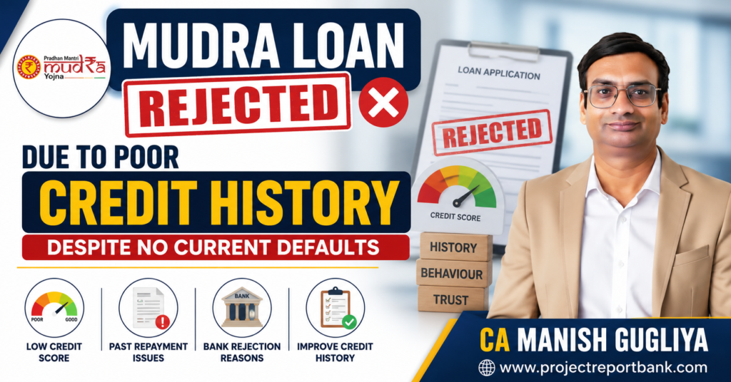 Mudra Loan rejected due to poor credit history despite no current defaults explained by CA Manish Gugliya with credit score meter and bank loan rejection illustration.