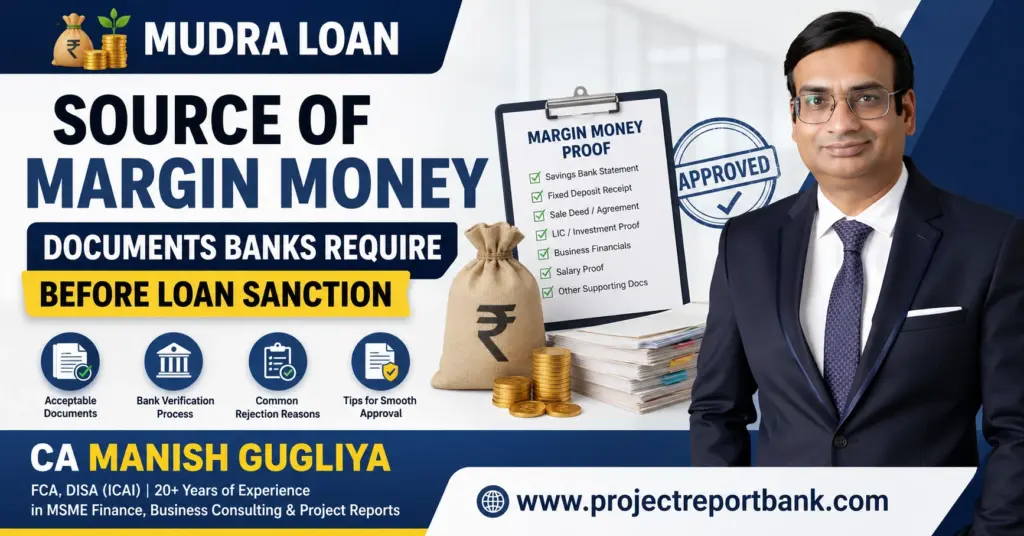 Mudra Loan Source of Margin Money – Documents banks require before loan sanction explained by CA Manish Gugliya with margin money proof checklist, bank verification documents, and ProjectReportBank.com branding.