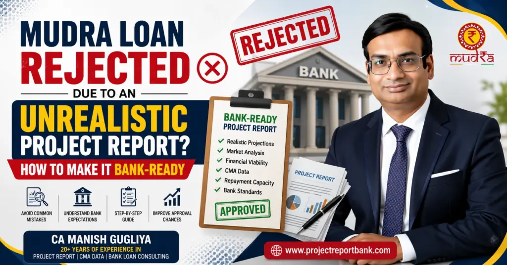 Mudra Loan Rejected Due to an Unrealistic Project Report – CA Manish Gugliya explaining how to prepare a bank-ready Mudra loan project report with realistic financial projections, CMA data, and business planning for higher loan approval chances.