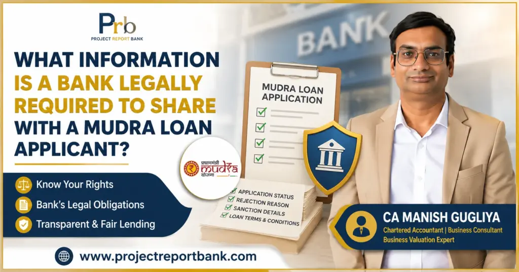CA Manish Gugliya explaining what information banks are legally required to share with Mudra loan applicants, featuring applicant rights, bank legal obligations, transparent lending practices, and ProjectReportBank.com.