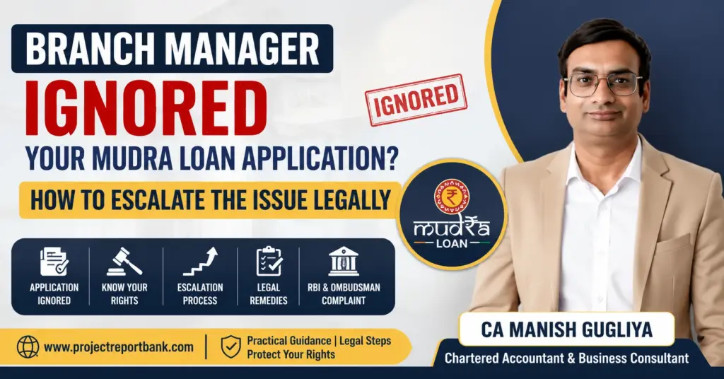 Branch Manager Ignored Your Mudra Loan Application? Legal escalation guide by CA Manish Gugliya explaining complaint process, RBI CMS, Ombudsman, and applicant rights for Mudra Loan delays.