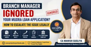 Branch Manager Ignored Your Mudra Loan Application? Legal escalation guide by CA Manish Gugliya explaining complaint process, RBI CMS, Ombudsman, and applicant rights for Mudra Loan delays.