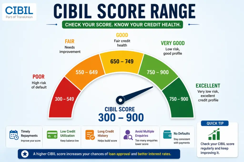 CIBIL score range infographic showing Poor, Fair, Good, Very Good, and Excellent credit score categories for Mudra Loan applicants