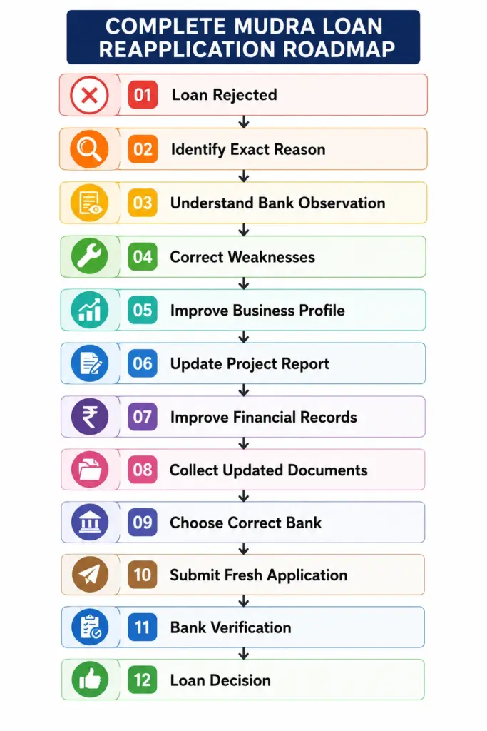 Complete Mudra Loan Reapplication Roadmap showing the step-by-step process from loan rejection to final Mudra Loan approval.