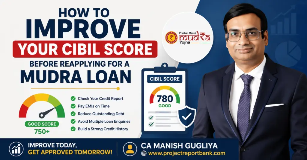 How to Improve Your CIBIL Score Before Reapplying for a Mudra Loan – Professional guide by CA Manish Gugliya with credit score improvement tips, Mudra Loan eligibility checklist, and CIBIL report insights | ProjectReportBank.com