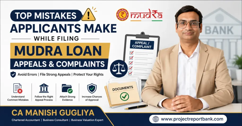 Top mistakes applicants make while filing Mudra Loan appeals and complaints, featuring CA Manish Gugliya with a checklist, appeal documents, bank icons, and guidance on avoiding common appeal and complaint errors.