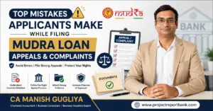 Top mistakes applicants make while filing Mudra Loan appeals and complaints, featuring CA Manish Gugliya with a checklist, appeal documents, bank icons, and guidance on avoiding common appeal and complaint errors.