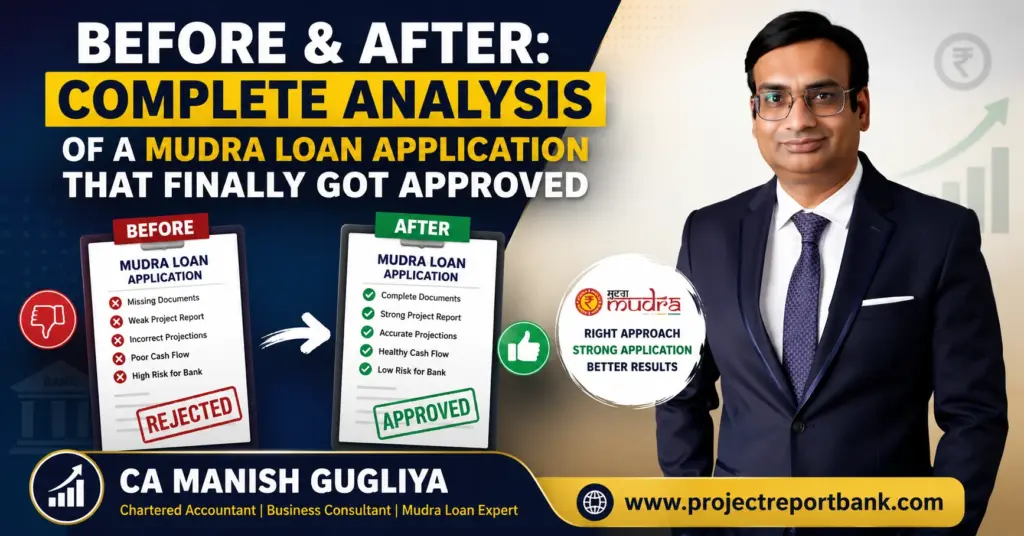 Before and after Mudra Loan application analysis showing rejected vs approved application with CA Manish Gugliya explaining key improvements for successful Mudra Loan approval